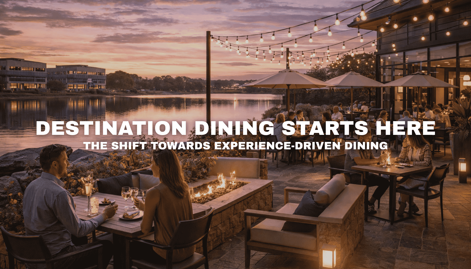 Lakeside restaurant and patio scene at Kettlestone Lakes in Waukee, Iowa, showcasing destination dining near I-80 and Grand Prairie Parkway.