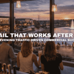 Evening dining and nightlife scene at Kettlestone Lakes in Waukee, Iowa, featuring lakeside patios, walkable boardwalk lighting, and after-hours retail traffic.