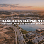 Aerial view of phased commercial development at Kettlestone Lakes in Waukee Iowa with construction, finished buildings, roads, and lake amenities
