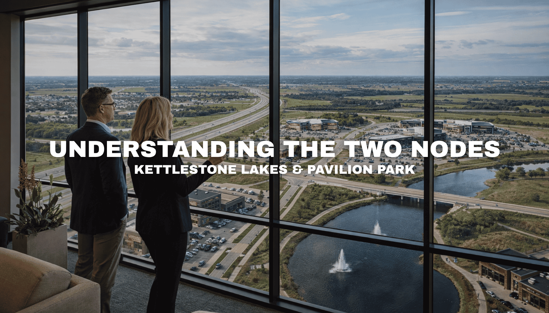 Interior commercial view overlooking Kettlestone Lakes and Pavilion Park along Grand Prairie Parkway in Waukee and West Des Moines Iowa