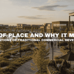 Golden-hour view of Kettlestone Lakes in Waukee with a lakeside promenade, modern mixed-use buildings, outdoor dining, landscaped walkways, and pedestrians enjoying the district.
