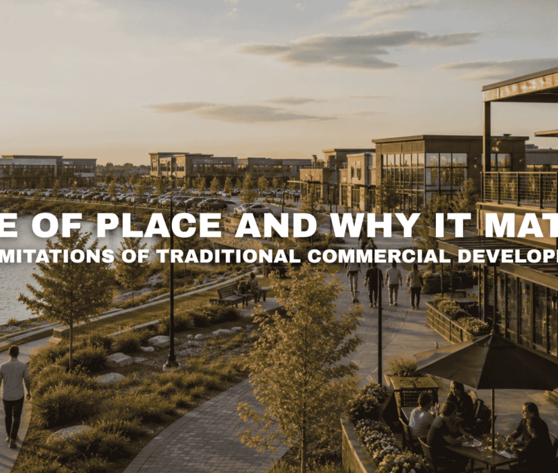 Golden-hour view of Kettlestone Lakes in Waukee with a lakeside promenade, modern mixed-use buildings, outdoor dining, landscaped walkways, and pedestrians enjoying the district.
