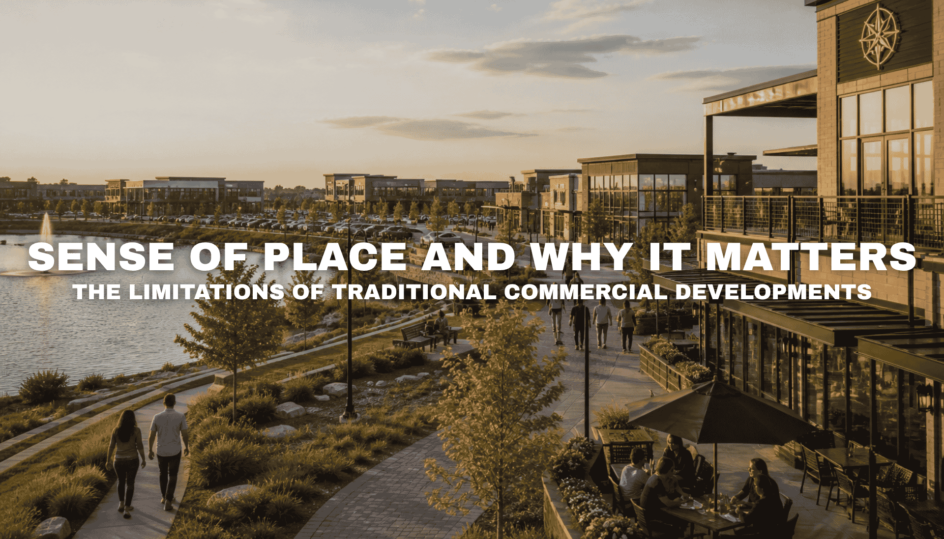 Golden-hour view of Kettlestone Lakes in Waukee with a lakeside promenade, modern mixed-use buildings, outdoor dining, landscaped walkways, and pedestrians enjoying the district.