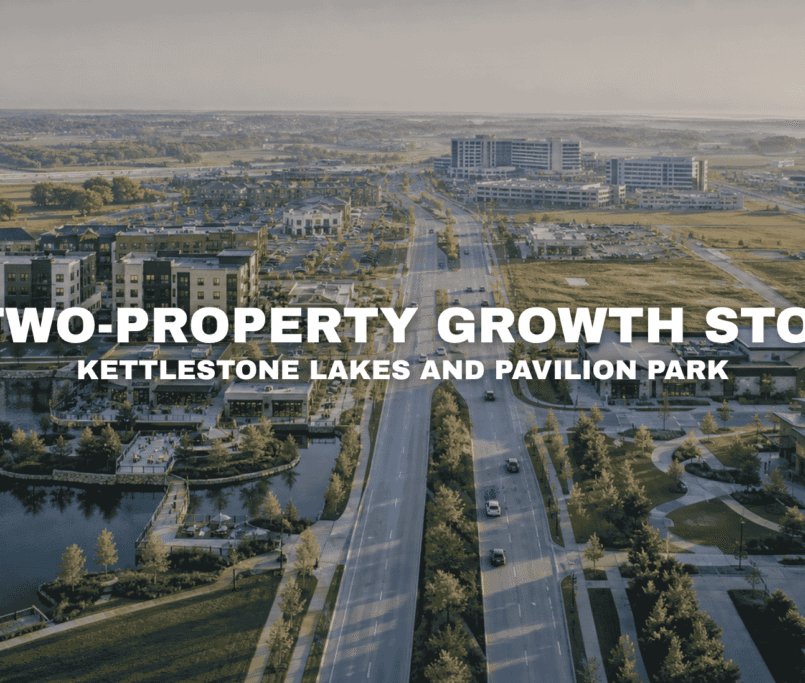 Aerial view of the Grand Prairie Parkway corridor with mixed-use development, lakeside buildings, broad roads, open parcels, and visible commercial growth connecting Waukee and West Des Moines.