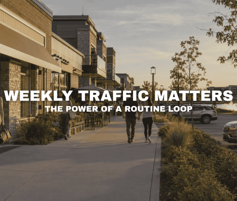 Modern storefronts at Kettlestone Lakes in Waukee, Iowa with customers visiting retail, wellness, dining, and service businesses near a landscaped lakefront commercial district.