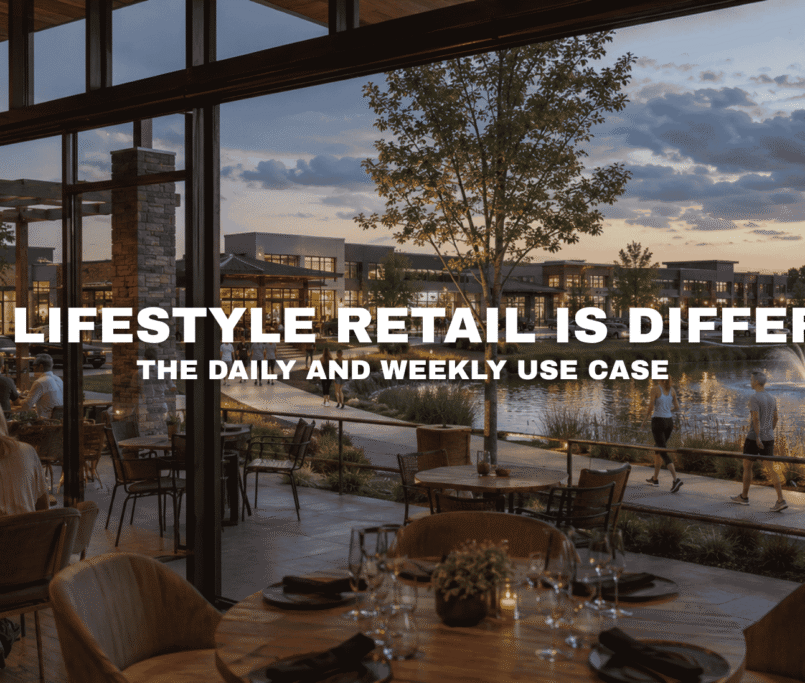 Restaurant view overlooking the lake at Kettlestone Lakes in Waukee, Iowa with walking paths, outdoor dining, and modern commercial buildings supporting a lifestyle-focused mixed-use district.