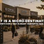 Outdoor plaza at Kettlestone Lakes in Waukee, Iowa with modern storefronts, dining, wellness, fitness, self-care businesses, lake views, and visitors enjoying smaller lifestyle destinations.