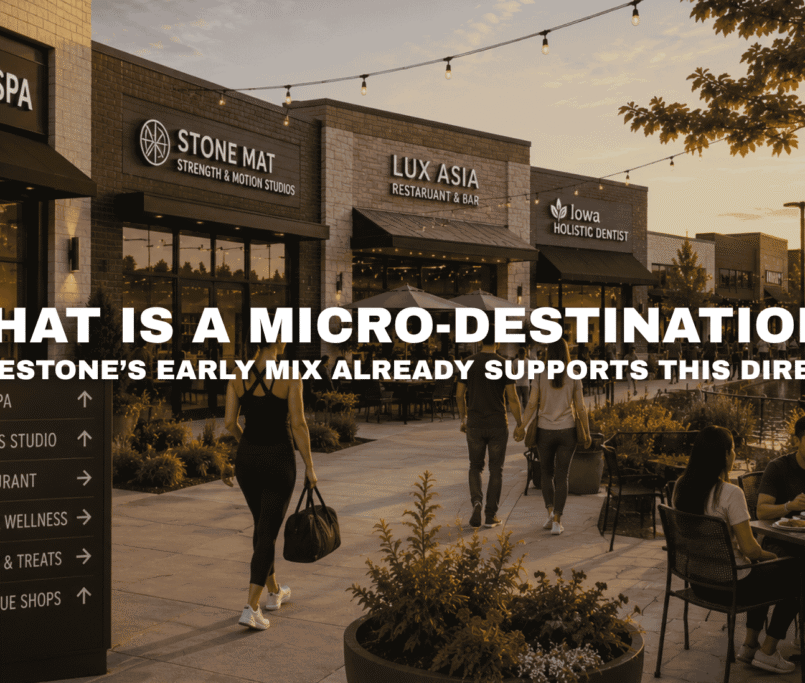 Outdoor plaza at Kettlestone Lakes in Waukee, Iowa with modern storefronts, dining, wellness, fitness, self-care businesses, lake views, and visitors enjoying smaller lifestyle destinations.