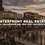 Waterfront commercial district at Kettlestone Lakes in Waukee, Iowa with outdoor dining, lake views, walking paths, landscaped storefronts, and evening activity.