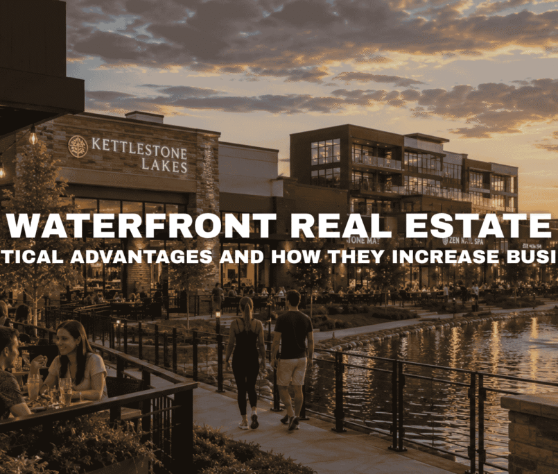 Waterfront commercial district at Kettlestone Lakes in Waukee, Iowa with outdoor dining, lake views, walking paths, landscaped storefronts, and evening activity.