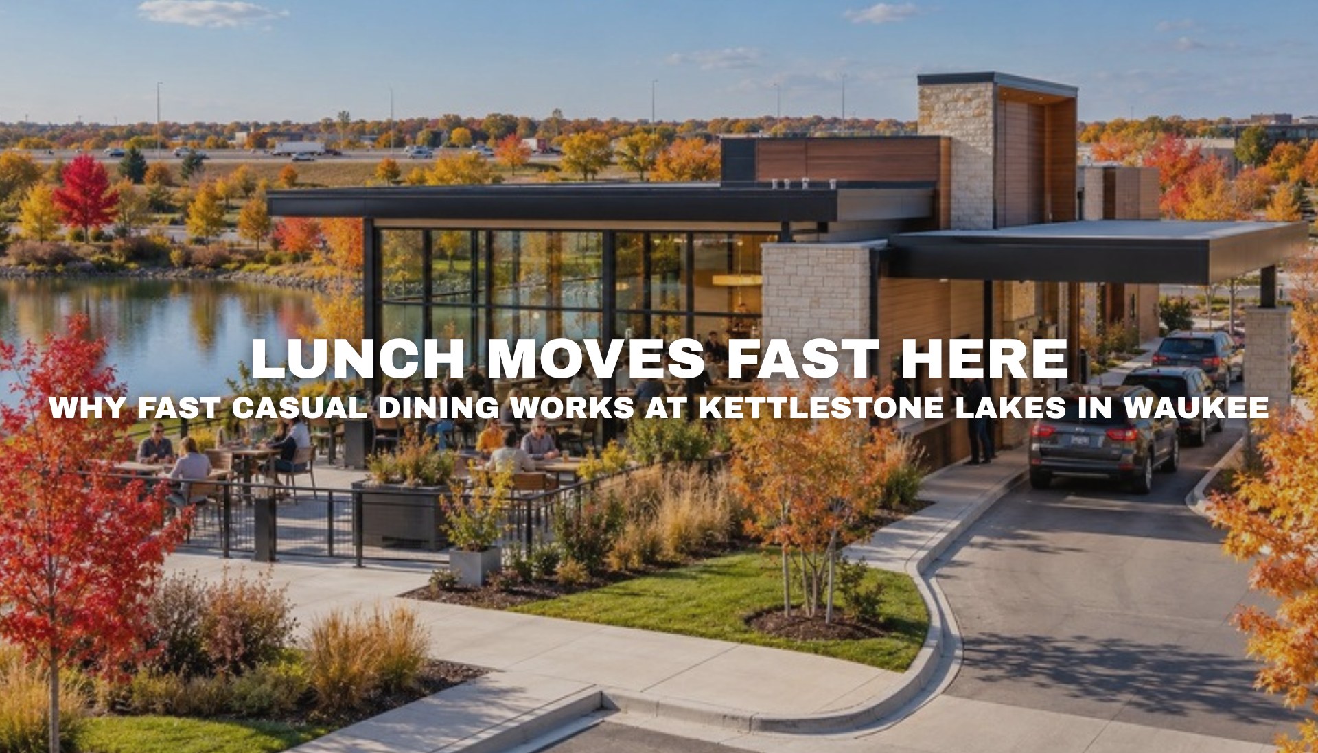 Fast casual restaurant with lakeside patio at Kettlestone Lakes in Waukee, Iowa