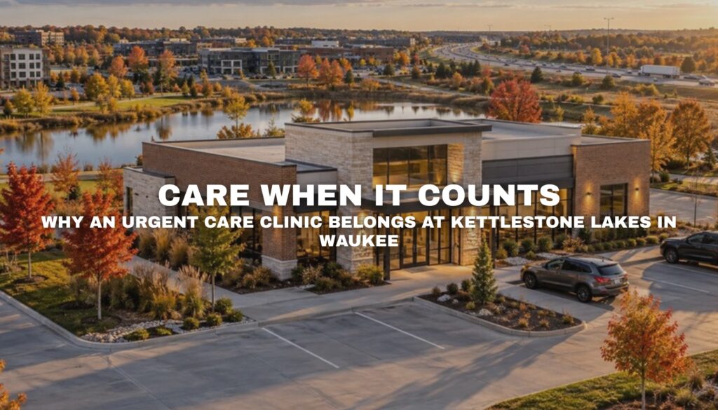 Modern urgent care clinic at the Kettlestone Lakes mixed-use development in Waukee, Iowa